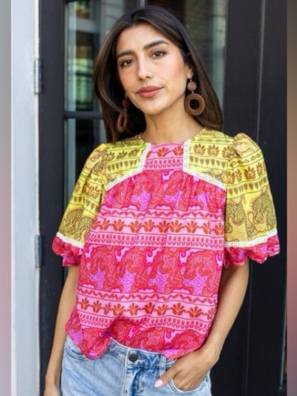 THML Nena Blocked Top in Pink and Yellow puff sleeve yoke blouse Sz M WCT2431-PK